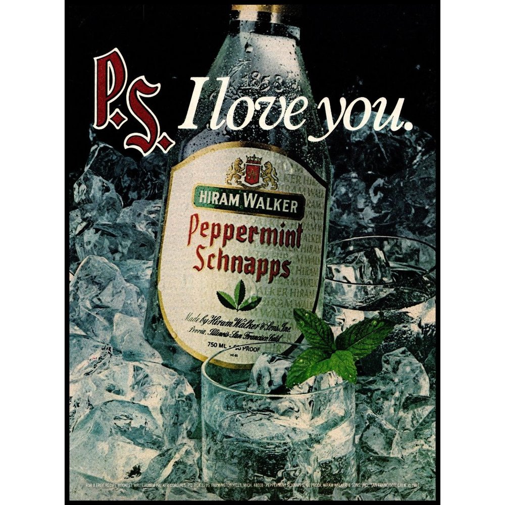 1981 Hiram Walker Peppermint Schnapps Vintage Print Ad PS I Love You Wall Art